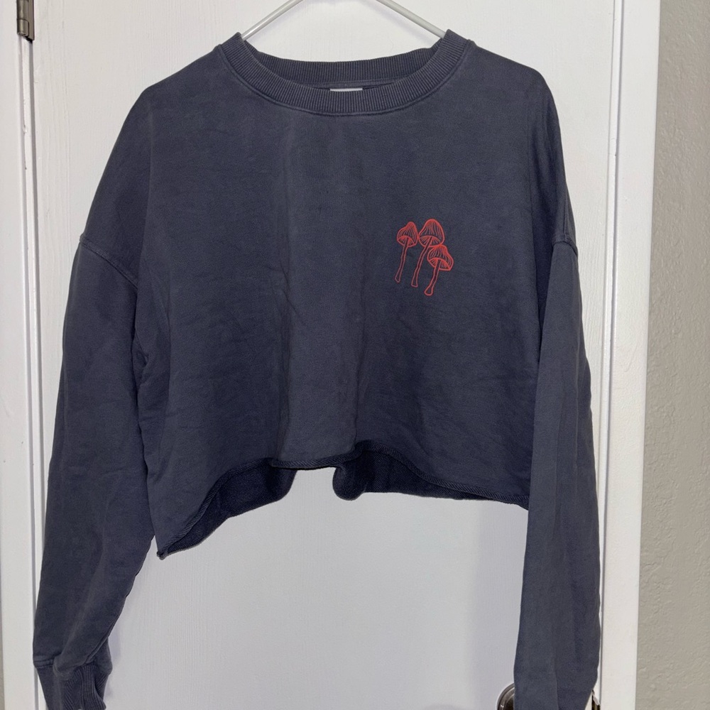 Outdoor Voices Blue Cropped Sweatshirt with Red Mushroom Design